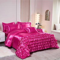 Hot Pink Satin Bed in a Bag 8 Pieces Full Size Luxury Silky Bedding Set Hot Pink Waterfall Ruffled Bed Comforter Set