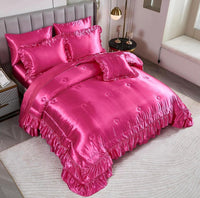 Hot Pink Comforter Set,Queen Bed Set Satin Sheets,Luxuxy Satin Comforter Set,Bed Room Decor Aesthetic,Silk Like Satin Bedding,8-Piece Ruffle Comforter Bed in a Bag Set