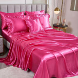 Hot Pink Comforter Set,Queen Bed Set Satin Sheets,Luxuxy Satin Comforter Set,Bed Room Decor Aesthetic,Silk Like Satin Bedding,8-Piece Ruffle Comforter Bed in a Bag Set