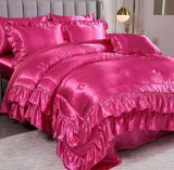 Hot Pink Comforter Set,Queen Bed Set Satin Sheets,Luxuxy Satin Comforter Set,Bed Room Decor Aesthetic,Silk Like Satin Bedding,8-Piece Ruffle Comforter Bed in a Bag Set